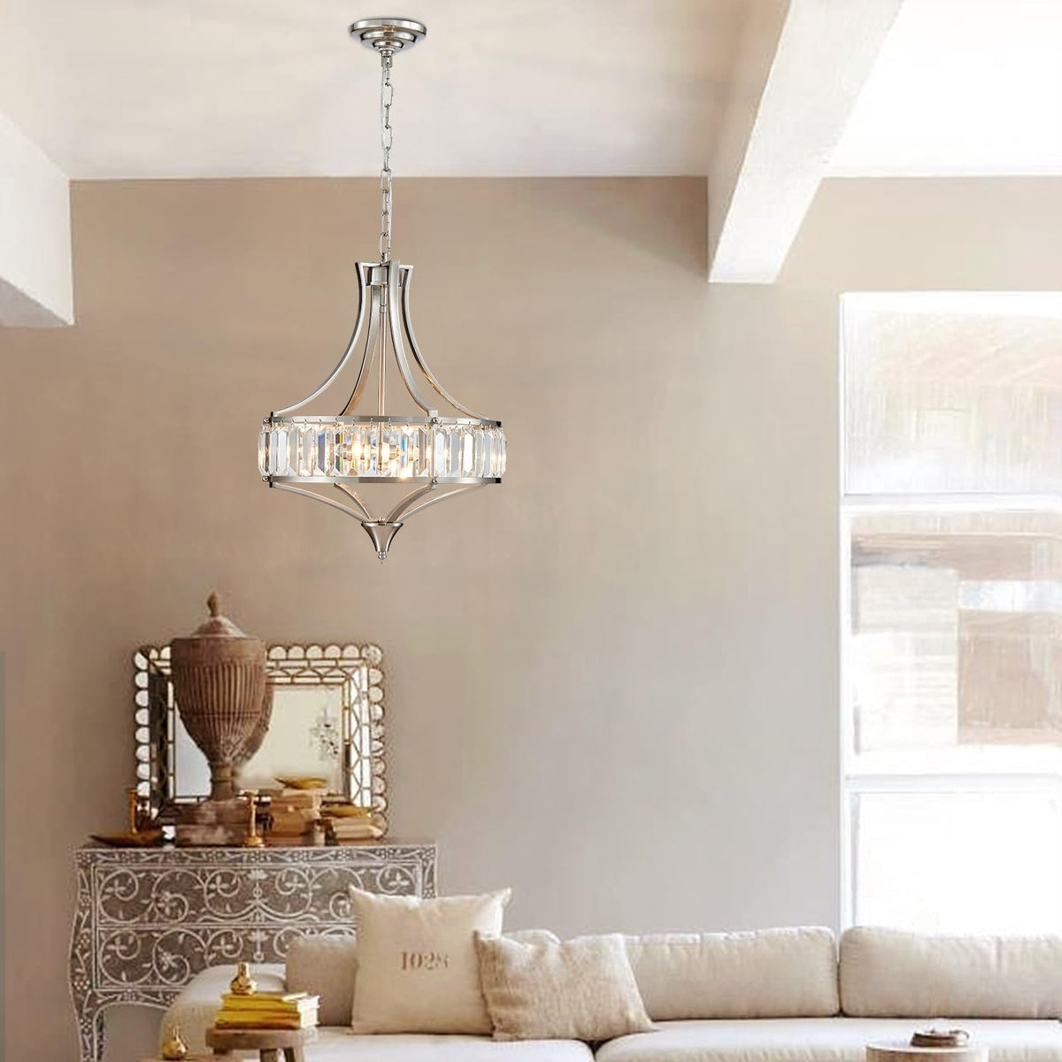 Crystal Chandeliers for Dining Room 15.7" Round Rustic Farmhouse Hanging Pendant Lighting Fixture Modern Brushed Nickel Chandelier Metal Shade 4 (15.7”-Brushed Nickel)