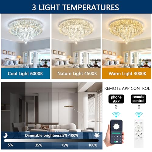 Modern Crystal Chandeliers for Dining Room LED Light Fixture Close to Ceiling Chandelier Flush Mount Ceiling Light Dimmable Lamp with Remote for Living Room Bedroom Hallway (Gold / 19.7" Width)