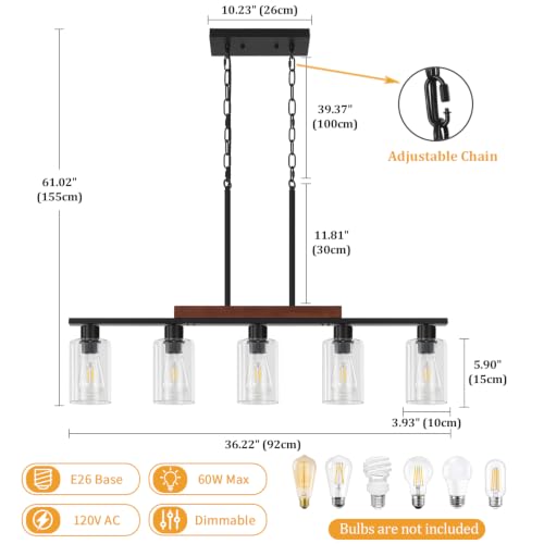 Farmhouse Kitchen Island Lighting Dining Room Light Fixtures Over Table (5-Light Clear Glass)