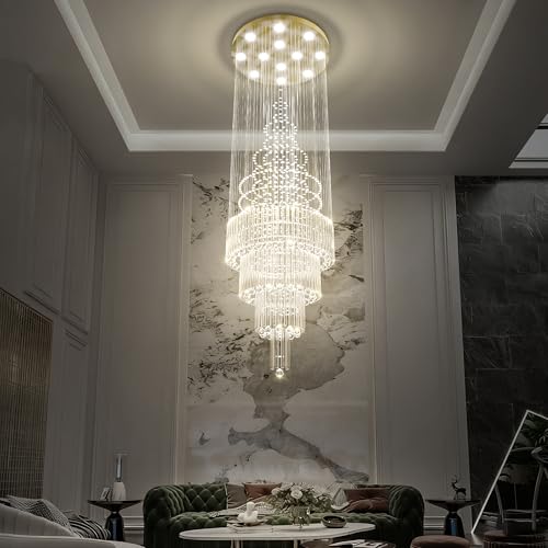 D32''X H100'' Large Crystal Chandelier for High Ceiling Suitable for Sloping Ceiling Modern LED Crystal Raindrop Chandeliers for Staircase Hallway Modern Round Crystal Chandelier (Silver / D32"X H100")