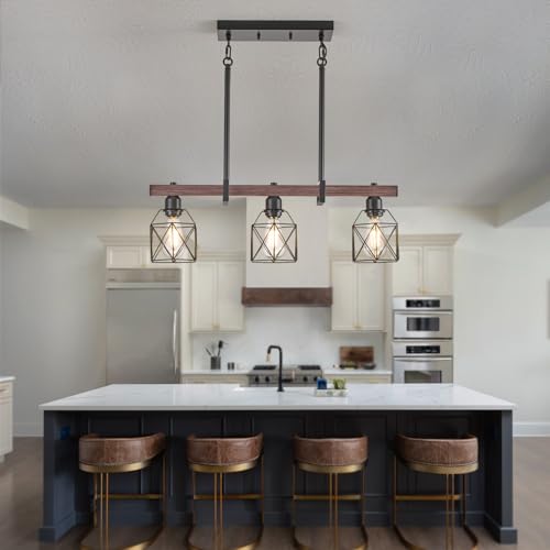 3 Light Vintage Industrial Pendant Light Over Table (Walnut+Black-3lights / 26.6-inch)