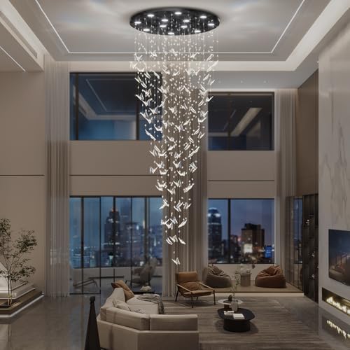 H102 High Ceiling Chandelier Modern Crystal Chandeliers Raindrop Chandelier for Staircase Foyer Entryway Living Room Dimmable 3000 (Black / Dia 32")