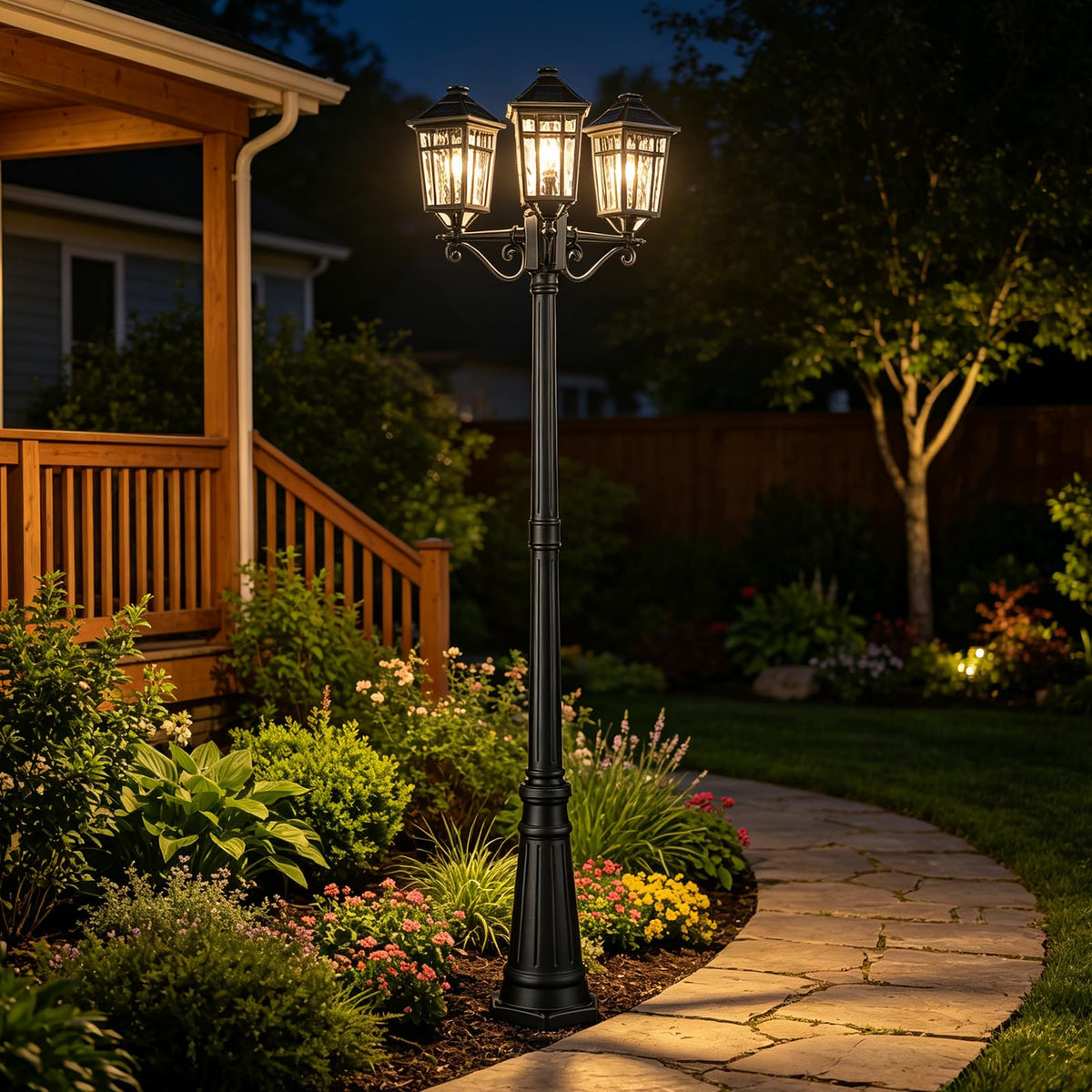 Solar Outdoor Lamp Post with 3 (Black / 3-Head-1Pack-Dusk to Dawn)