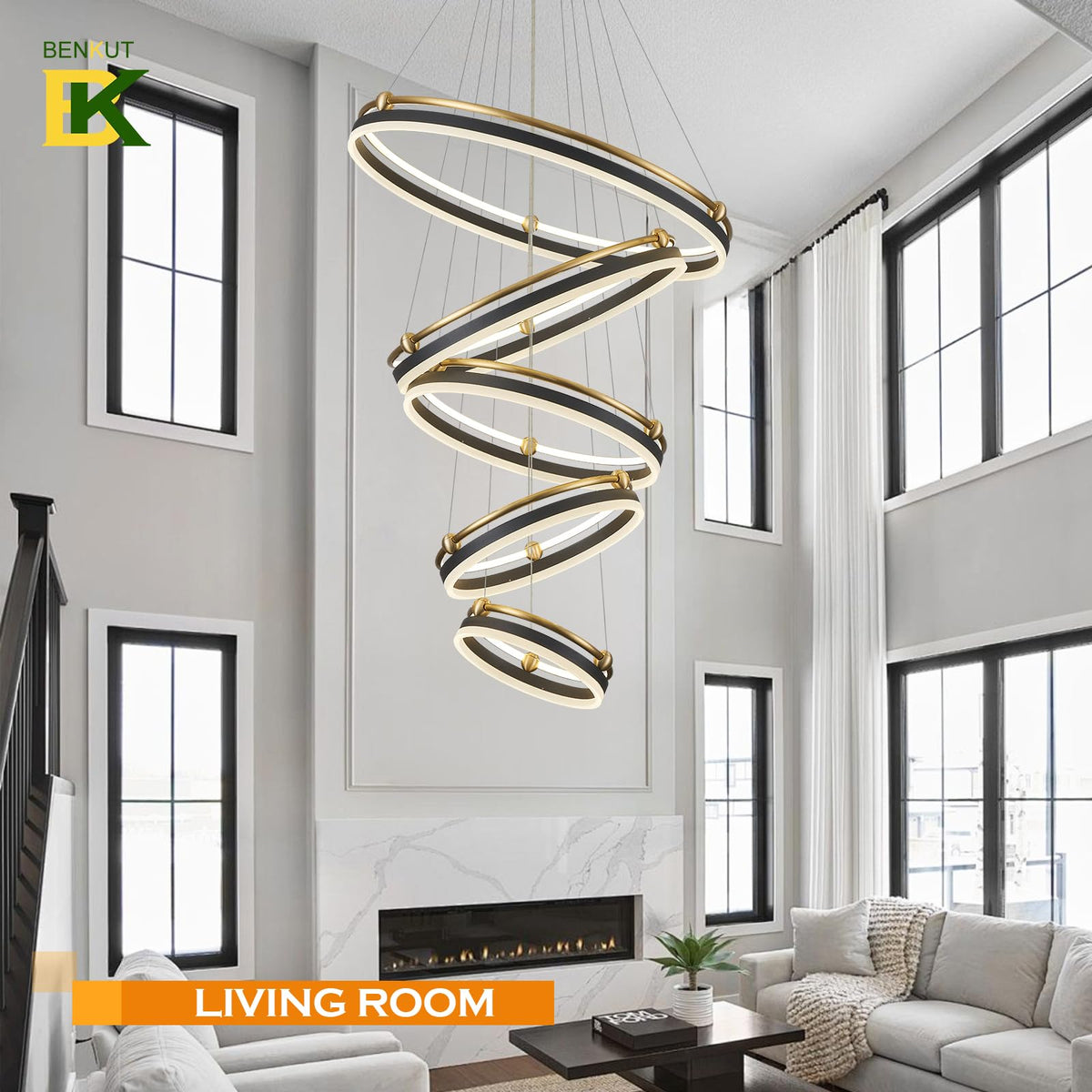 5 Rings LED Chandelier Black Gold Dimmable Large High Ceiling Chandeliers (5 Ring Circular D29.5in / Black Gold)