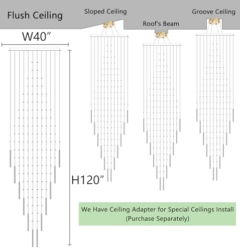 W40 x H120 Glam Chandelier with LED Bulbs Crystal Raindrop High Ceiling Pendant Light for Entrance Large Villa Chandelier Foyer Lighting Fixtures Gold (Gold / Round W40" X H118")