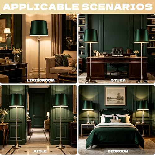 Large Dark Green Lampshades for Floor Lamp Set of 2 (14"×16"×10"-2 PCS / Green Natural Faux Silk)