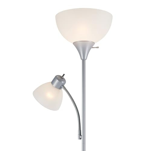 67134 72" Torchiere Floor Lamp and Adjustable Reading Light (Silver / 1 Pack)