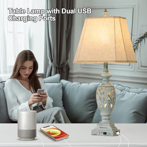 29.5" Touch Control Traditional Table Lamp Set of 2 with USB A+C (White Wash with Green Brush-1 / 29.5")