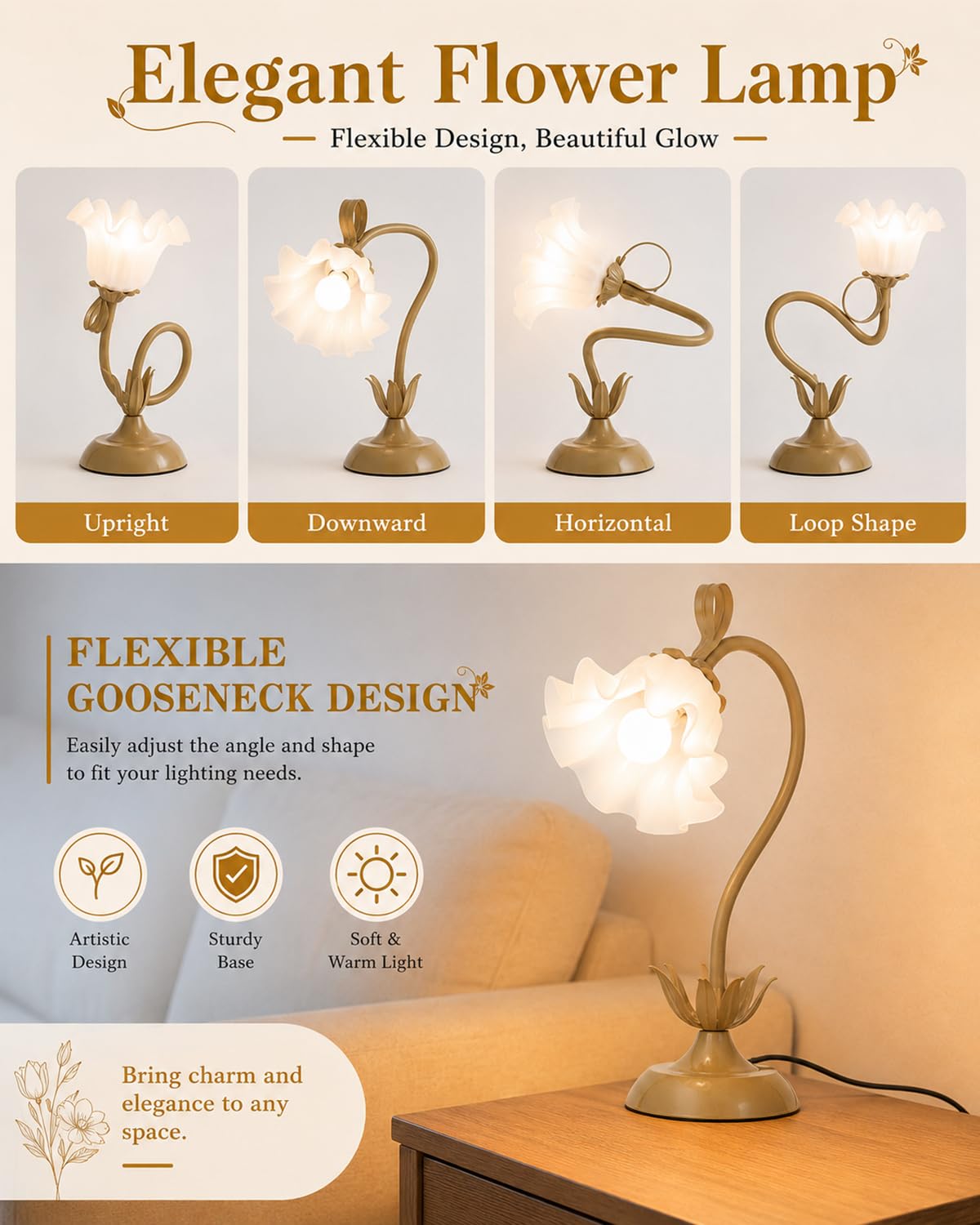 Flower Table Lamp Cute Desk Lamp for Bedroom Home Decor (Brown / Medium)