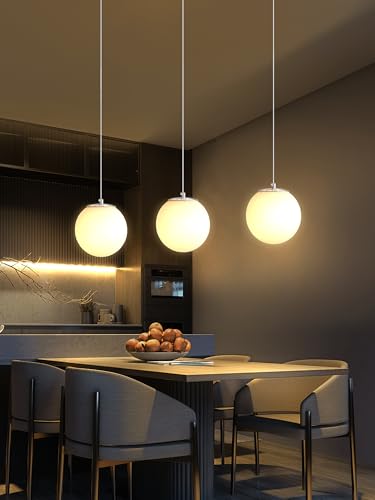 1 Light Modern Globe Pendant Light Fixtures Silver Chandelier with White Globe Glass Dimmable Ceiling Light Glass Pendant Light for Kitchen Island (Silver-White / Globe 1-Light)