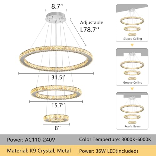 Modern Crystal Chandelier Dimmable LED Ceiling Light Fixture 3 Ring Adjustable Stainless Steel Chandeliers for Dining Room Living Room Bedroom Silver (Silver / 3-Ring 24")