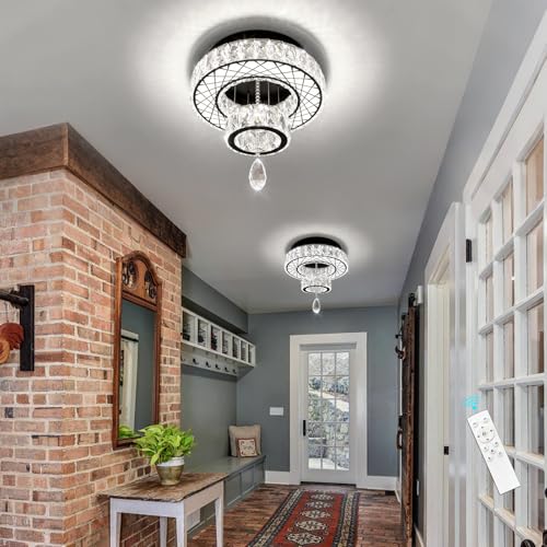 Modern Flush Ceiling Chandelier Bedroom Light Fixtures Crystal Flat Sloping Ceiling Lights for Hallway Kitchen Dining Room Dimmable Light with Remote Black (12 inch / Black)