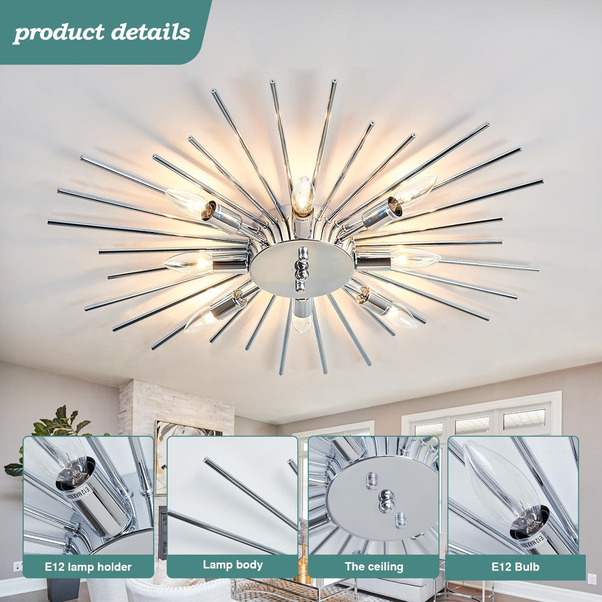Semi Flush Mount 8 Light Ceiling Light Modern Metal Ceiling Lighting Chrome Light Fixture Chandelier for Farmhouse Kitchen Dining Room Bedroom Hallway Living Room (Silver)