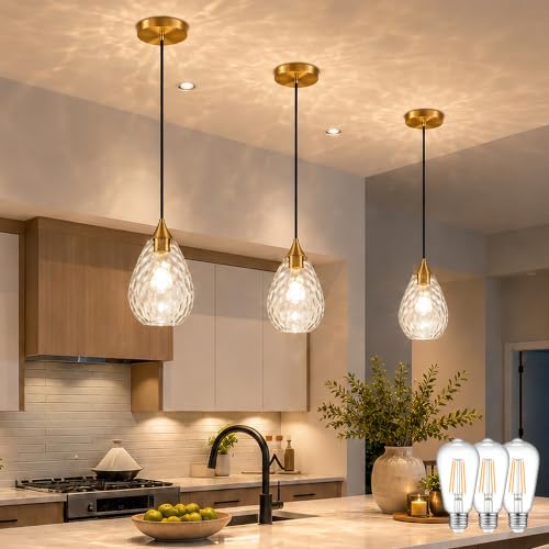 Gold Glass Pendant Lights Kitchen Island 6.3" Pendant Light Hammered Clear Glass 3 Pack Height Adjustable Modern Hanging Pendant Lights for Dining Room Bedroom Hallway Sink Bulbs Incl (Gold, 3 PK / 6.3 Inch)