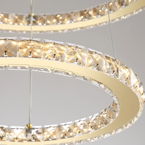 Modern Crystal Chandelier Dimmable LED Ceiling Light Fixture 3 Ring Adjustable Stainless Steel Chandeliers for Dining Room Living Room Bedroom Gold (Gold / 3-Ring 24")