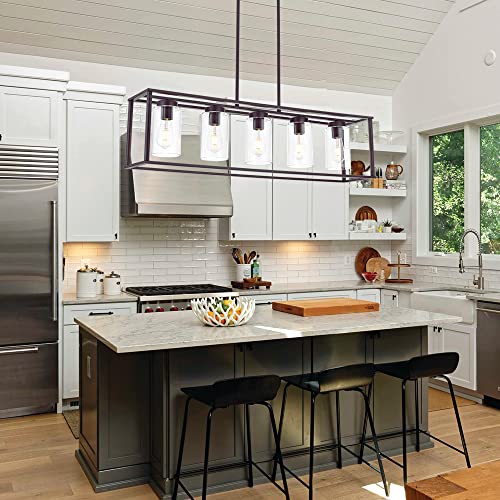 5 Light Kitchen Island Chandeliers Oil Rubbed Bronze Modern Linear Cage Pendant Lighting with Clear Glass Shades Farmhouse Ceiling Light Fixtures Hanging for Dining Room Living Room (Oil-Rubbed Bronze / 5 Light)