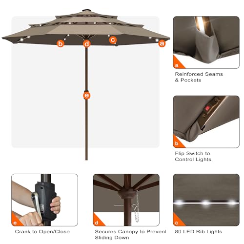 USA 10-Year-Non-Fading 10ft 3-Tier Market Patio Umbrella, Commercial Table Umbrella with 80 Solar LED Lights, Crank Open, Windproof & UPF 50+ UV Protection for Garden, Deck, Pool, Backyard, No Tilt, Mushroom (Mushroom / 10FT(Triple Vents No Tilt))