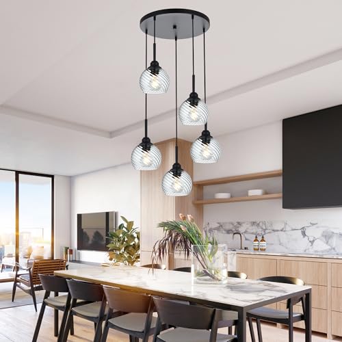 5 Light Cluster Pendant Light with Striped Swirl Globe Glass Black Pendant Lighting for Kitchen Island (Transparent / 5-Light-Round Cluster)
