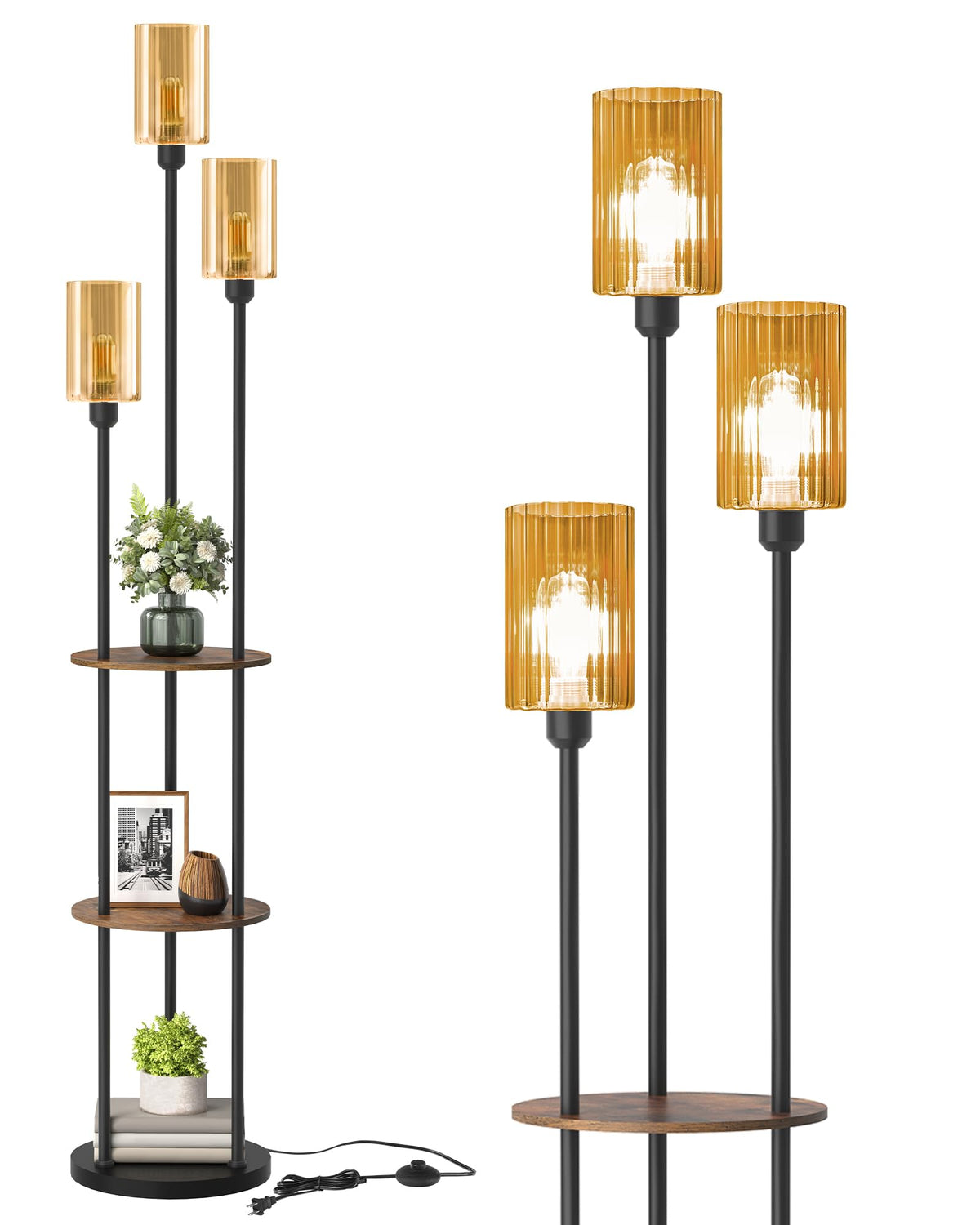 71" Floor Lamp with Shelves (Rustic Brown + Amber Glass)