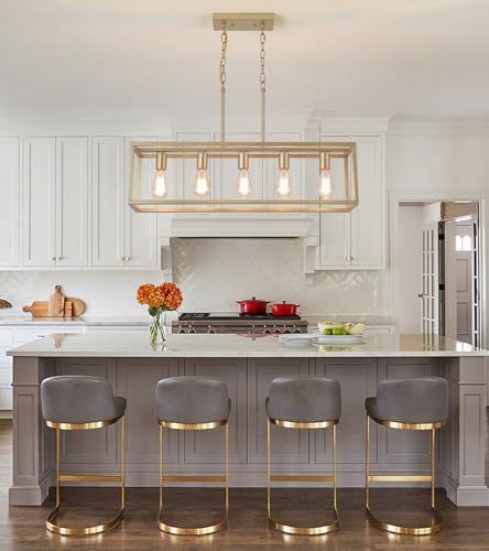 Gold Rectangle Kitchen Island Lights Rectangular Modern Industrial Chandelier for Dining Room 5 Lights Linear Vintage Cage Light Fixtures UL Listed (Gold)