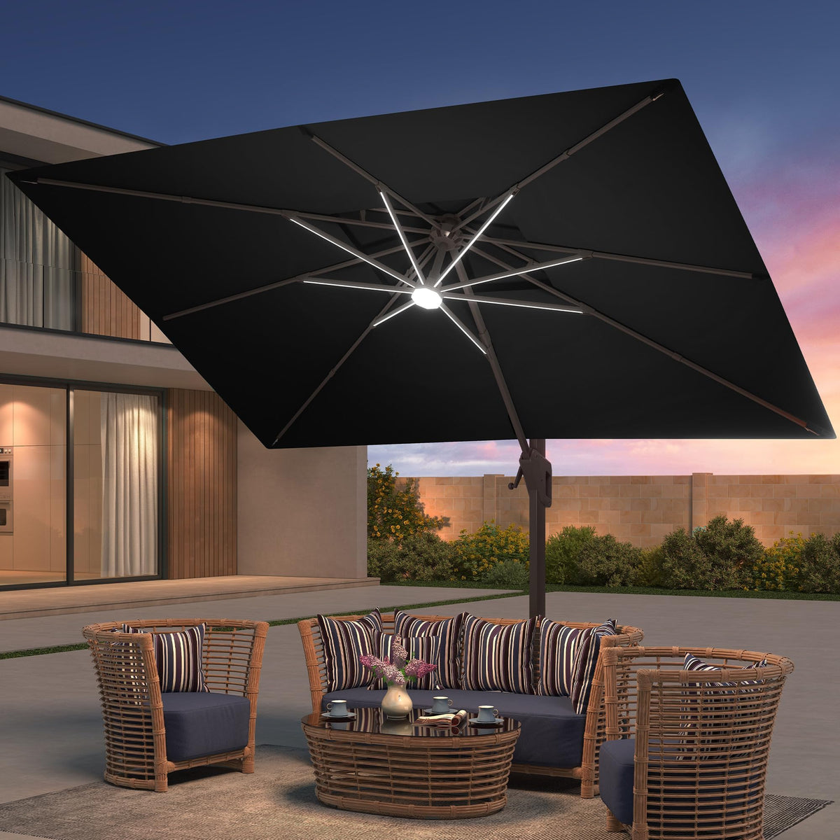 9x12 FT Patio Cantilever Outdoor Umbrella with Base and LED Lights (Black)