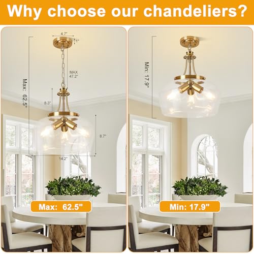 Modern Pendant Lights Kitchen Island (3-Light-Brushed Gold-Clear Glass-14.2"(Easy To Install))