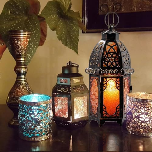 Vintage Large Size Decorative Ramadan Candle Lantern (Large / Amber - 12.8''h)