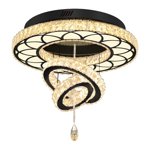 Dia 24" Modern Crystal Chandelier for Dining Room Black Ceiling Chandelier Flush Mount Ceiling Light for Living Room Bedroom Hallway (Black / W:24inches)
