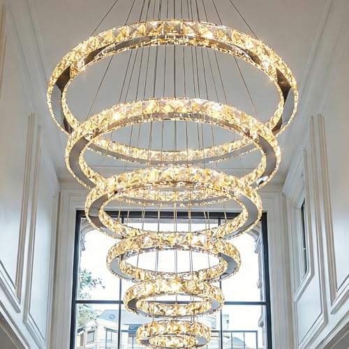 Modern Crystal Chandelier for High Ceiling Lights Fixtures Luxury 6 Ring Led Chandelier for Dining Room Big High Ceilings Foyer Chandeliers for Living Room Entryway Staircase (6 Ring-big)