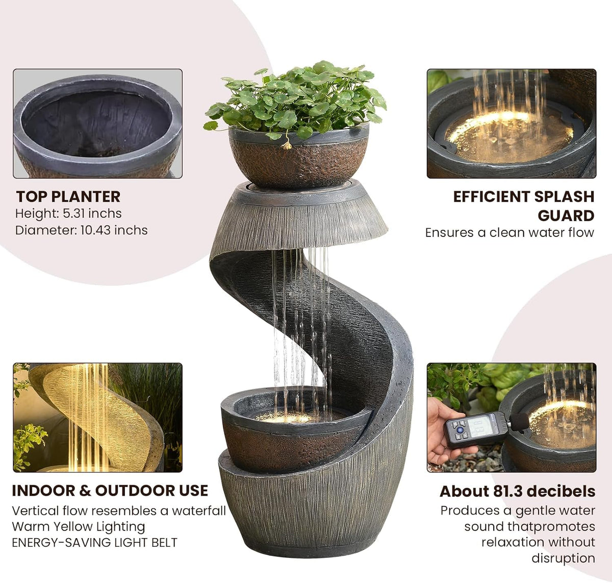 Modern S Shaped Garden Outdoor Water Fountain with LED Lights Gray (31.9H-G)