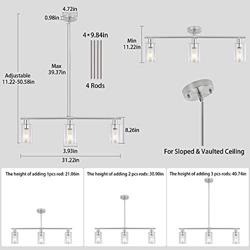 3 Lights Kitchen Island Lighting Brushed Nickel Pendant Light Fixtures with Glass Shade 31" Dining Room Chandeliers Adjustable Height Modern Linear Ceiling Hanging Light for Living Room (Brushed Nickel / 3-light)