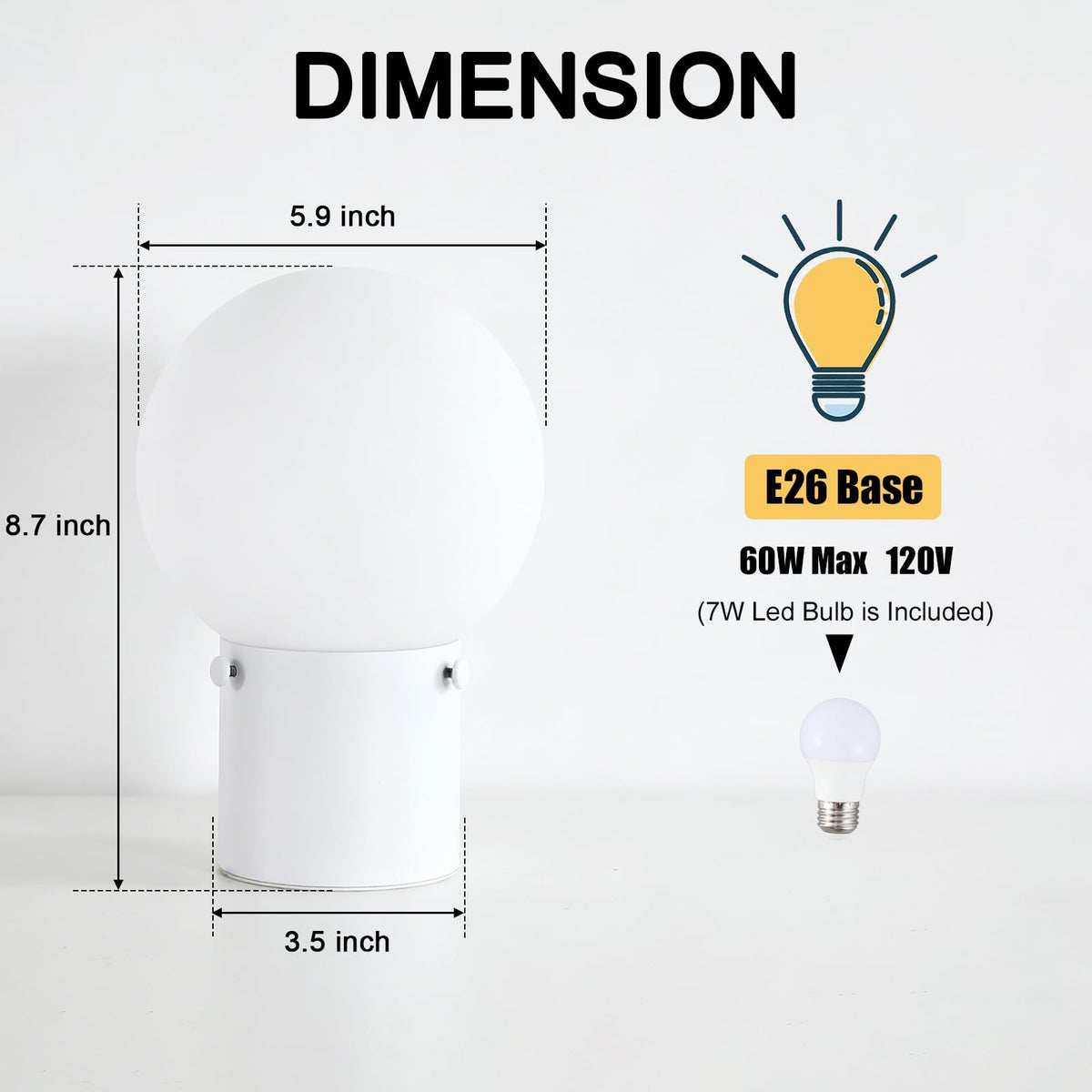 Modern White Table Lamp with Frosted Glass Globe Shade (White)