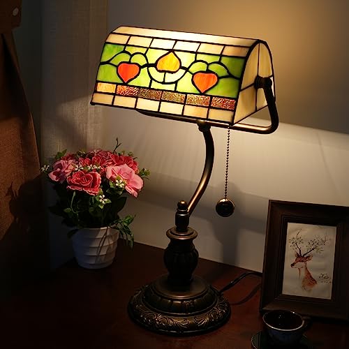 Tiffany Style Heart Bankers Table Lamp Stained Glass Vintage Bedroom Bedside Study Pull Chain Reading Desk Lamps Office Nightstand Aesthetic Antique Green Banker'S Lamp Work Light Desklamp (Red Hearts)