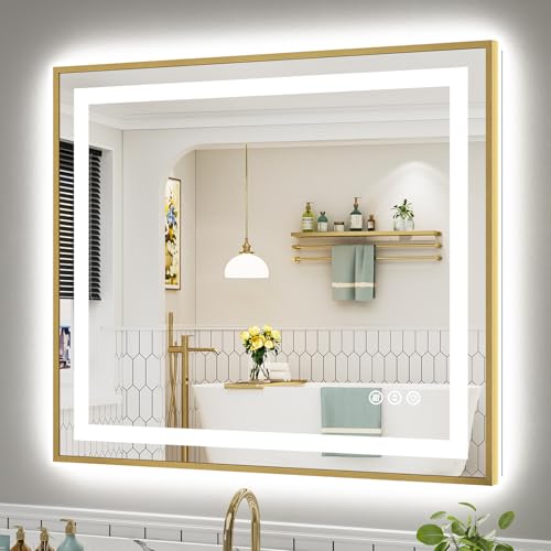 40x36 Inch LED Bathroom Mirror with Gold Frame (Backlit+front Lit With Gold Frame / 40"L x 36"W)
