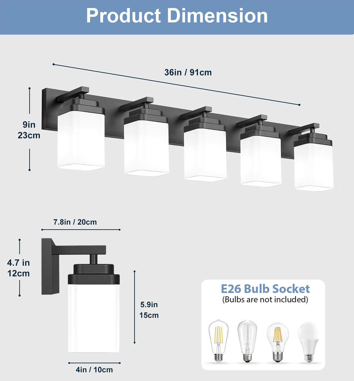 Matte Black Bathroom Light Fixtures (Black, Milky Shade / 5-Light, 36-inch)
