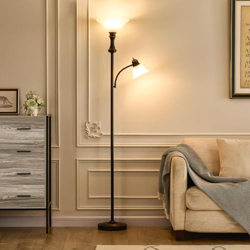 Torchiere Floor Lamp with Adjustable Angle Reading Lamp (Black)