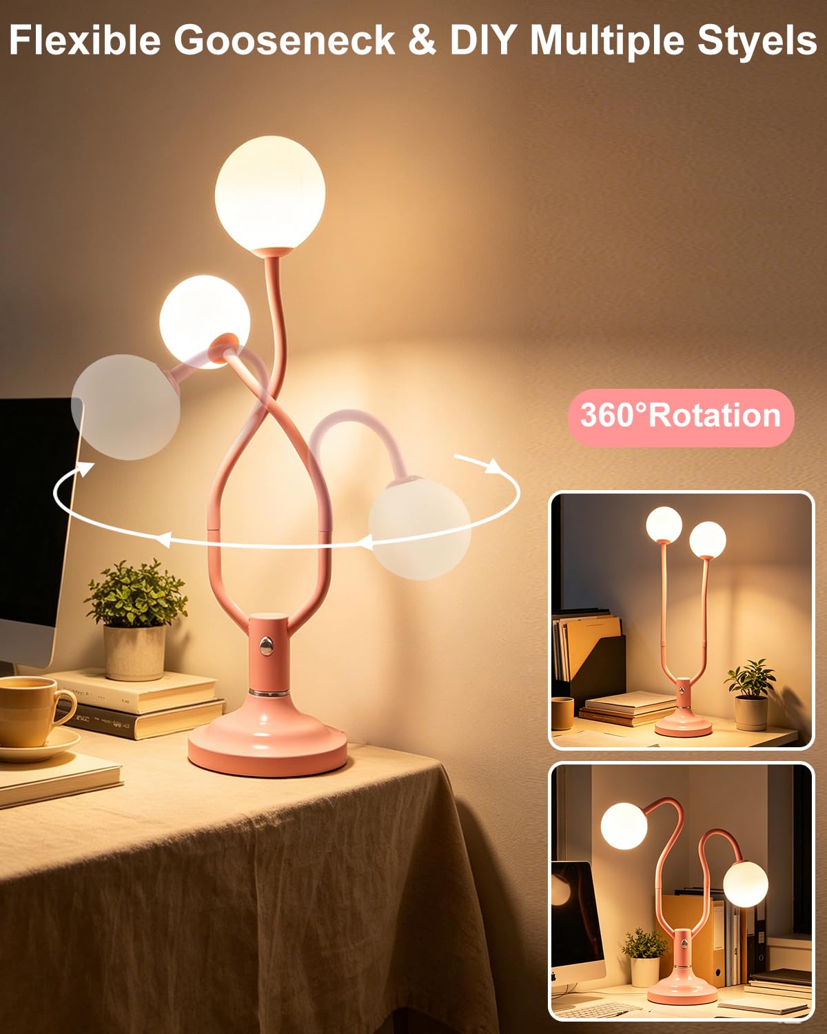 Pink Globe Table Lamp Dimmable Magic DIY Arms G9 Bulbs Included (15-Pink-Globe-2U-Magic DIY Arms)