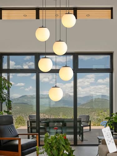 6 Light Black Chandelier with White Globe Glass Dimmable Ceiling Light Glass Pendant Light for Kitchen Island (Black-White / Globe 6-Light)