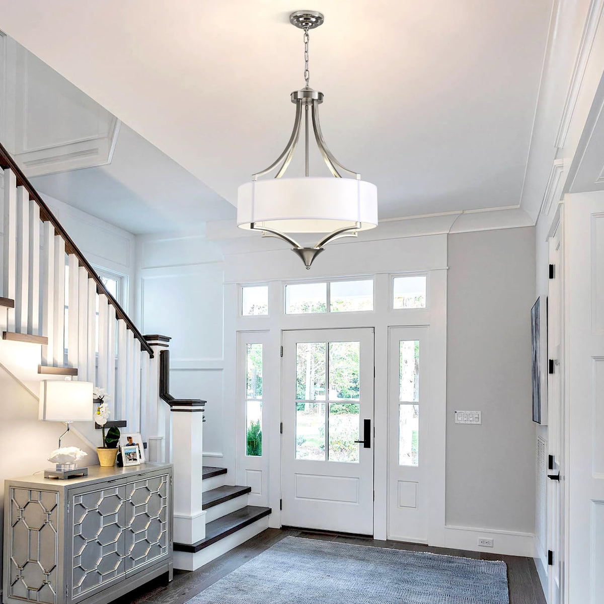 6 Light Brushed Nickel Chandelier 19.7" Modern Drum Chandeliers for Dining Room Light Fixture with White Fabric Shade Large Pendant Lighting for Kitchen Island Living Room Bedroom Foyer Over Table (6-Light Brushed Nickel and White)