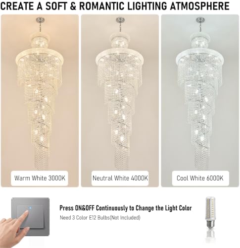 28 Light Large Long Spiral Crystal Chandelier for High Ceiling Foyer Entryway Living Room Staircase Chrome Finish 78'' H X 28'' W X 28'' D (Chrome / 78'' H X 28'' W X 28'' D)