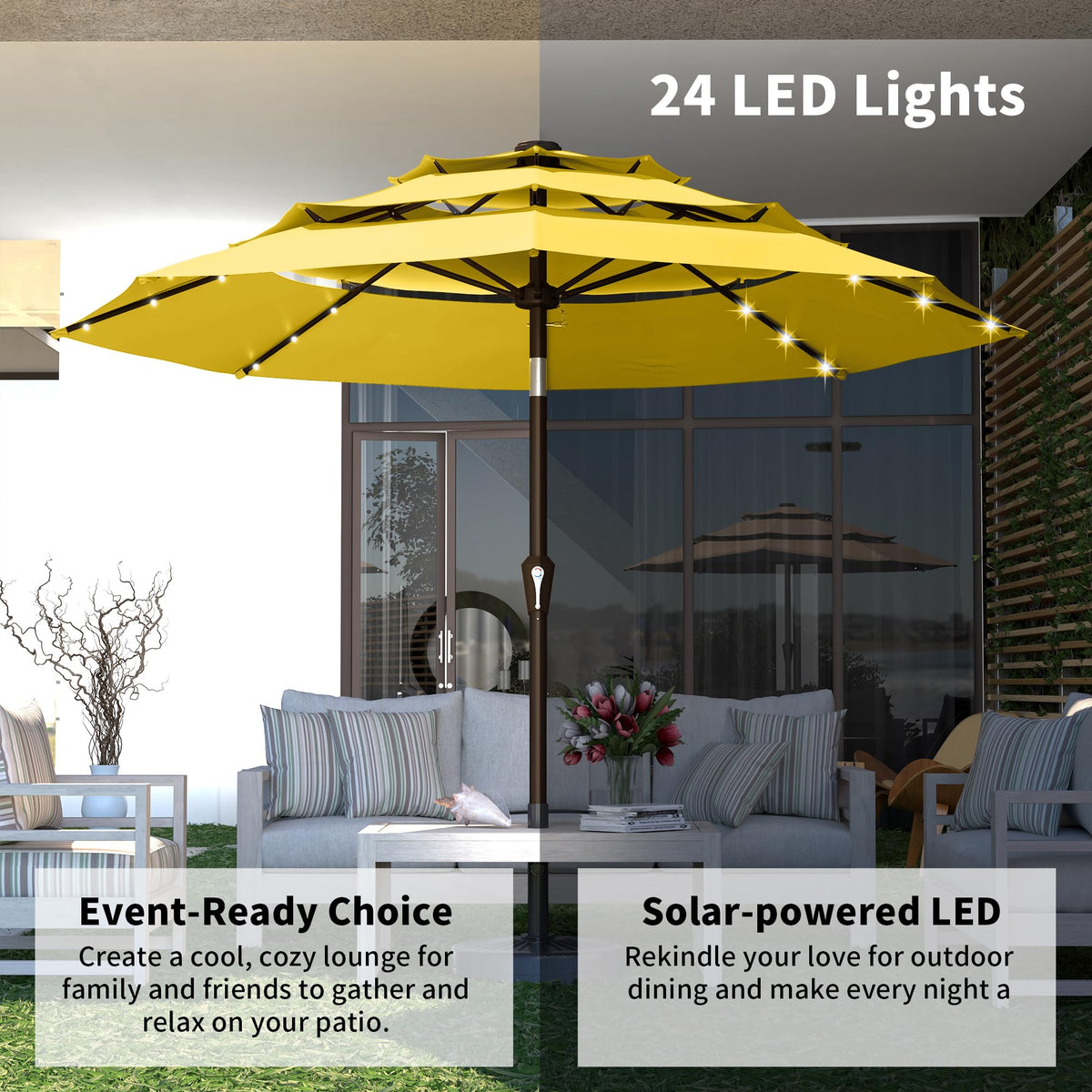 9ft 3 Tier Patio Umbrella with Solar Lights (Yellow / 9 FT)