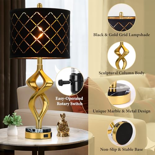 28.5’’ Gold Modern Sculptural Bedside Table Lamps Set of 2 for Living Room (Black)