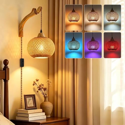 Frideko Handwoven Bamboo Wall Sconce Plug in (Orange(15 Colors))