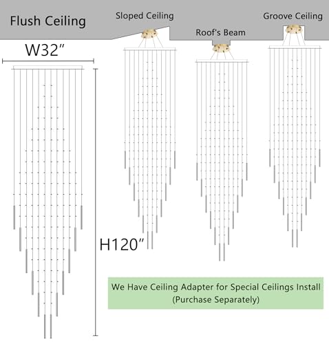 W32 x H120 Glam Chandelier with LED Bulbs Crystal Raindrop High Ceiling Pendant Light for Entrance Large Villa Chandelier Foyer Lighting Fixtures Gold (Gold / Round W32" X H118")