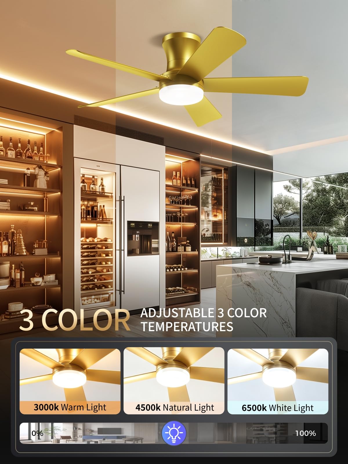 42 Inch Gold Low Profile Ceiling Fan with Light and Remote (Gold / 42 Inch)
