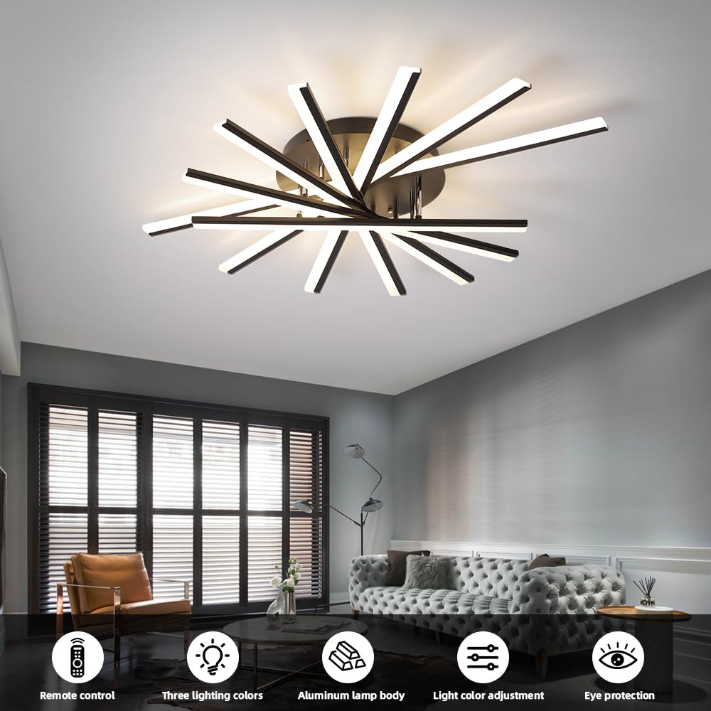 7 Lights Linear Modern Ceiling Lamp 41.3 inch Dimmable Led Semi Flush Mount Black Spiral Ceiling Light Fixture for Bedroom Dining Room Kitchen Island Living Room (Black / 41.3in)