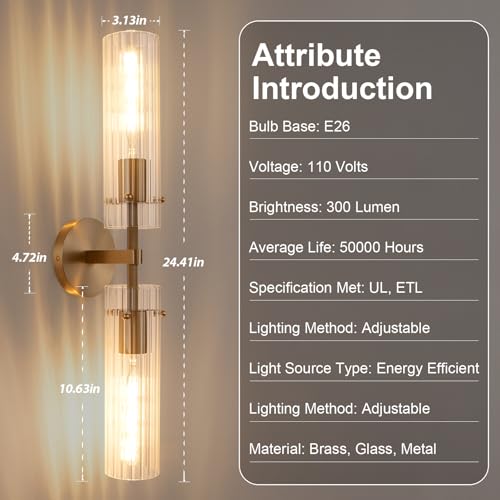 Brass Gold 2 Light Knurled Wall Sconce (Brass-Vertical Striped / 24.4″-1 Pack)