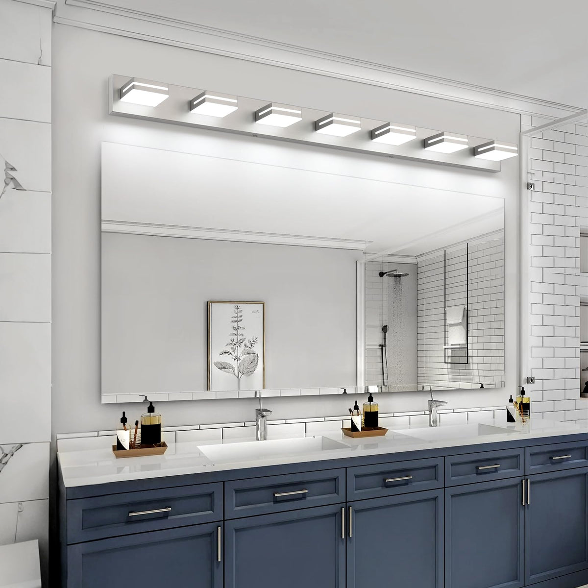 LED Modern Bathroom Vanity Light Fixtures (7-Light, 55-Inch / Nickel, 100%-0% White)