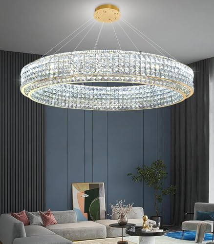 W47 Modern Chandeliers for Living Room LED Dimmable Pendant Lighting High Ceiling Chandelier for Dining Room Foyer Hallway Crystal Rectangle Light Fixtures Gold (Gold / Round 47")