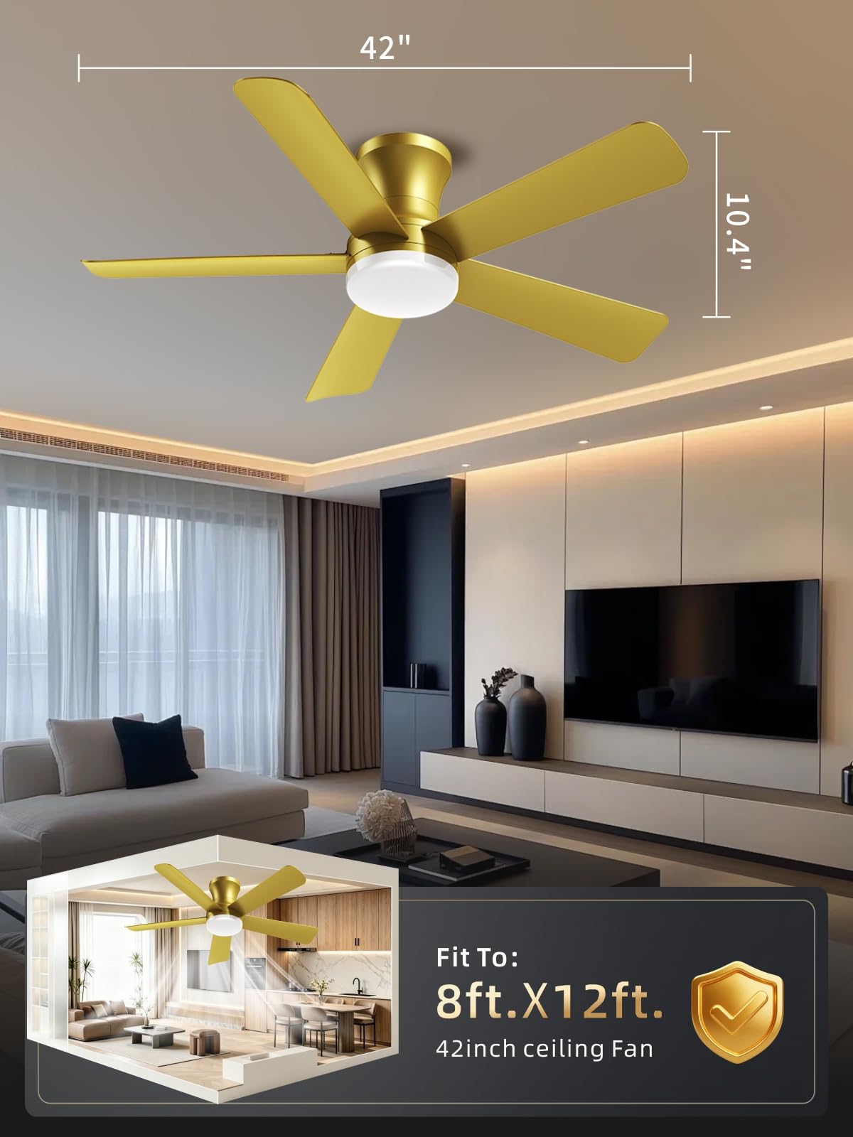 42 Inch Gold Low Profile Ceiling Fan with Light and Remote (Gold / 42 Inch)
